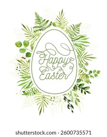 Easter card with watercolor green leaves. hand drawn. Not AI, Vector illustration.