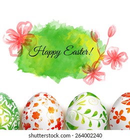 Easter Card. Watercolor vector background. 3D. Realistic eggs. Folk floral painting. Flowers.