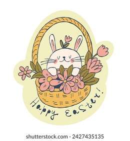 Easter card.  White Easter Bunny with egg. Hand Lettering "Happy Easter!" Hand-drawn illustration. Vector.