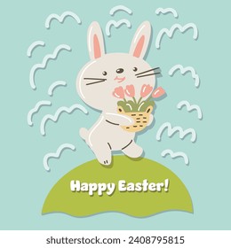 Easter card.  White Easter Bunny with flowers.  Hand-drawn illustration. Vector.