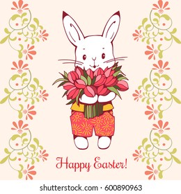 Easter card.  White Easter Bunny with flowers.  Hand-drawn illustration. Vector.