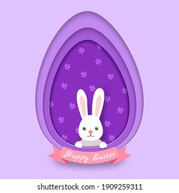 Easter card with white bunny and paper cut of eggs purple background
