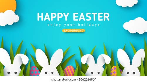 Easter card with white bunny rabbits, colorful eggs and green grass. Blue sky background with sun and clouds in paper cut style. Vector illustration. Place for your text.