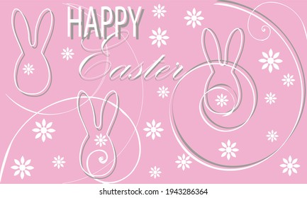 Easter card, white curls and stylized bunnies with the inscription Easter