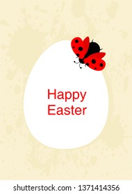 Easter card with white egg, ladybug and Happy Easter wishes