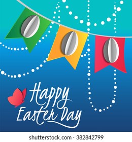 Easter card with white paper eggs and color ribbons. Material design, origami