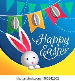 Easter card with white paper eggs, rabbit and color ribbons. Material design, origami