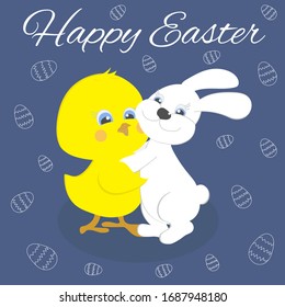 Easter card a white rabbit hugs a yellow chicken. Symbol of Easter. eggs on a blue background. Happy friends rabbit and chicken Christian spring holiday Easter