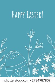 Easter card with white silhouette of painted eggs and grass. Eggs and flowers on blue background with congratulatory text. Happy Easter festive vertical banner. Vector graphics