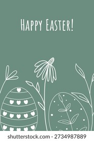 Easter card with white silhouette of painted eggs and herbs. White outline illustration on green background and congratulatory text. Vector graphics