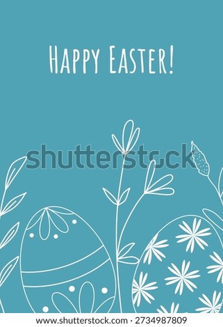 Easter card with white silhouette of painted eggs and grass. Eggs and flowers on blue background with congratulatory text. Happy Easter festive vertical banner. Vector graphics