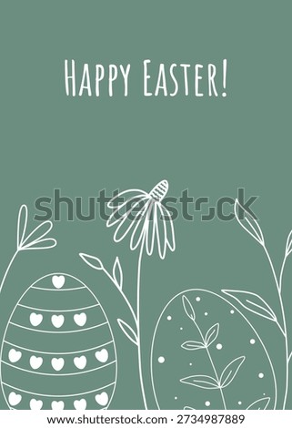 Easter card with white silhouette of painted eggs and herbs. White outline illustration on green background and congratulatory text. Vector graphics