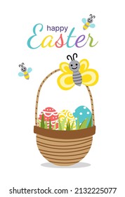 Easter card with wicker basket of colorful Easter eggs. Happy Easter greeting card. Bee, butterfly. Flat, cartoon, colorful. Isolated vector stock illustration eps 10 on white