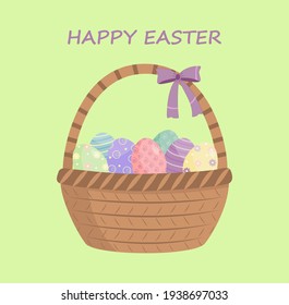 Easter card with wicker basket and decorated eggs