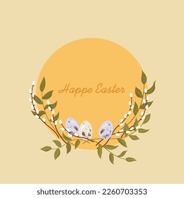 Tarjeta de Pascua con ramas de sauce y vegetación, huevos, corona de Pascua, tarjeta de invitación