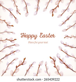 Easter card. Willow twigs and bow painted in watercolor. A template for your invitation, postcards, cards and so on. 