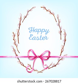 Easter card. Willow twigs and bow painted in watercolor. A template for your invitation, postcards, cards and so on. 