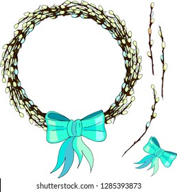 Easter card, a willow wreath with a bow, a set of Easter elements. Isolate, copy space
