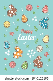 Easter card with a wish of happiness. Cute images of bunny and chicken in the form of gingerbread and cookies. Has a botanical theme.