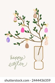 Easter card witn Easter egg tree. Centerpiece decorated with Easter eggs and bows. Happy Easter - handwritten lettering. Vector vertical card for poster, card, scrapbooking, stickers