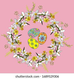 Easter card. Wreath of daffodils and wild flowers, Easter eggs in the middle. Cartoon style. Stock Illustration.