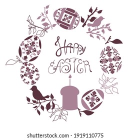 Easter card. A wreath of tree branches, Easter cake, birds and eggs in ethnic style, inside lettering - Happy Easter. Stock vector illustration isolated on white background.