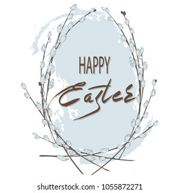 Easter card with a wreath of willow branches and an egg. Vector illustration.