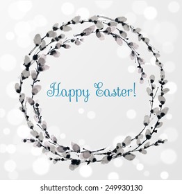 Easter card with wreath of willow hand-drawn with ink