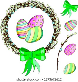 Easter card. Easter wreath from willow with painted eggs on a white background. Set of easter elements, vector
