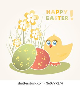 Easter card with yellow chicks and colored eggs. EPS 10.