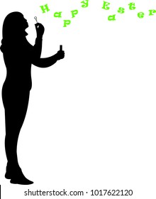 Easter card with young girl blowing Happy Easter of letters silhouette