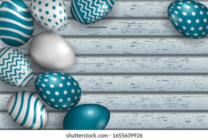 Tarjetas de Pascua, pancarta con huevos pintados sobre un fondo de madera. Huevos con motivos geométricos. Ilustración vectorial, concepto. Antecedentes de tablas pintadas de mal gusto en las que se reparten los huevos de gallina
