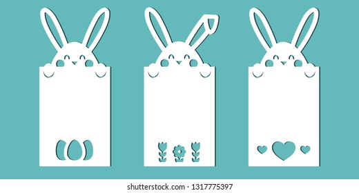 Easter cards with bunnies. A set of templates for paper cutting, laser cutting or plotter. Vector.