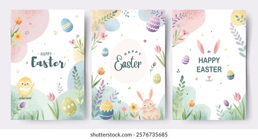 Easter cards with bunny, chick, tulips. Happy Easter. Spring holiday greeting card collection. Springtime banner