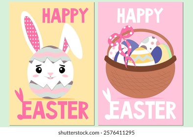 Easter cards. Easter bunny and egg basket.  Easter rabbit, eggs. Vector illustration.