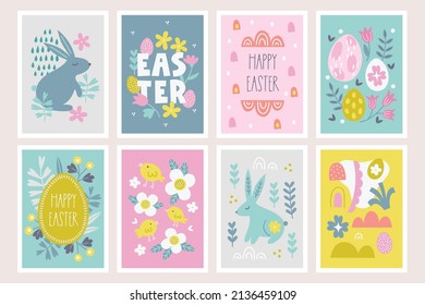 Easter cards with bunny, flowers, eggs, leaves, clouds, abstract shapes, tulips. Perfect for spring and summer holidays. Vector illustration