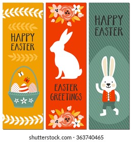 Easter cards with cute bunny, flowers, basket with eggs and Easter greetings. Set of bright holiday banners. Childish backgrounds with Easter rabbit.