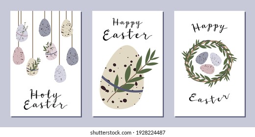 Easter cards. Cute easter egg, nest, branch and leaves. Eco rustic decoration. Vector flat cartoon illustration. Perfect for poster, print, card, invitation, greeting, tag