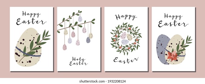 Easter cards. Cute easter egg, nest, branch and leaves. Eco rustic decoration. Vector flat cartoon illustration. Perfect for poster, print, card, invitation, greeting, tag