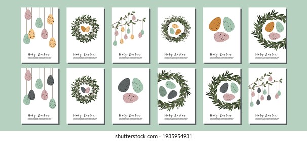 Easter cards. Cute easter egg, nest, branch and leaves. Eco rustic decoration. Vector flat cartoon illustration. Perfect for poster, print, card, invitation, greeting, tag