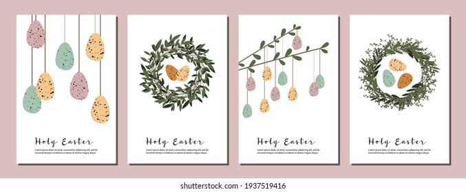 Easter cards. Cute easter egg, nest, branch and leaves. Eco rustic decoration. Vector flat cartoon illustration. Perfect for poster, print, card, invitation, greeting, tag