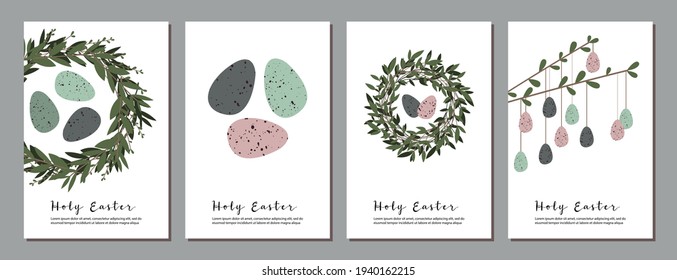 Easter cards. Cute easter egg, nest, branch and leaves. Eco rustic decoration. Vector flat cartoon illustration. Perfect for poster, print, card, invitation, greeting, tag