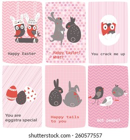 Easter cards with cute owls, bunnies, chickens and eggs in cartoon style.