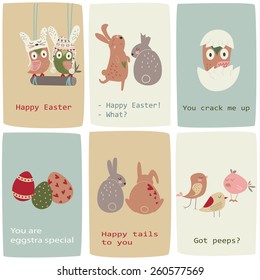 Easter cards with cute owls, bunnies, chickens and eggs in cartoon style.