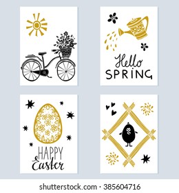 Easter cards design set isolated, egg, frame, flowers, sun, 	
bicycle, watering can, chick, stars, fireworks, hearts, calligraphic font