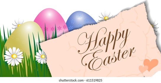 Easter cards with Eggs, grass, spring flowers and free space for text. Vector illustration.