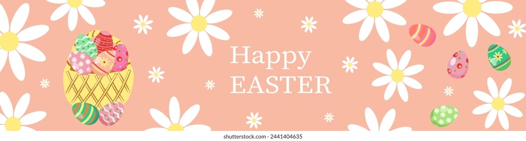 Easter cards. Easter eggs, spring flowers and decorations on a pink background. For poster, postcard. Vector.