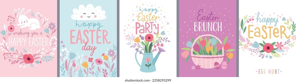 Tarjetas de Pascua, floridas floridas con flores, conejillos, tulipanes, huevos y otros elementos. Ilustración vectorial.