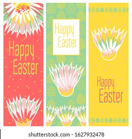 Easter cards with flowers, eggs and Easter greetings. Set of bright holiday banners. Childish backgrounds with Happy Easter. Bookmark for a book. 3 gift cards.