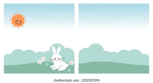 Easter cards with green grass, sun cartoon, daisy flower and rabbit on blue sky background vector illustration.